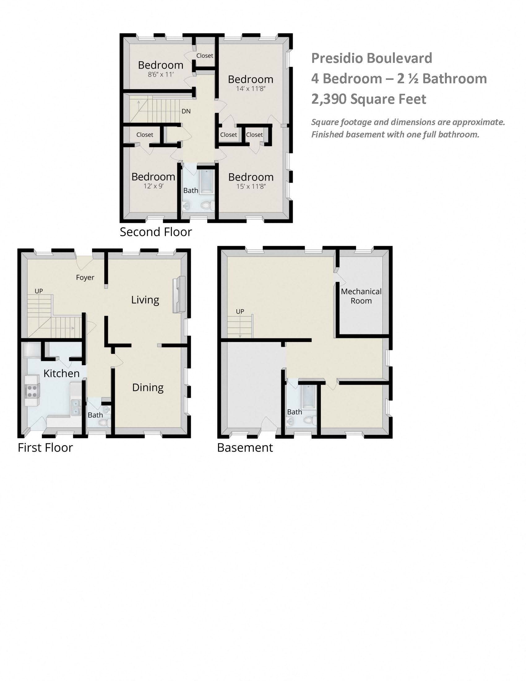 Floor plan for 4 beds, 2.5 baths, 2390 sqft